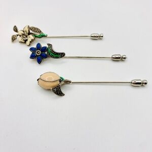 Judith Jack Vintage Sterling Silver Marcasite Enamel Stick Flower Lapel Pins